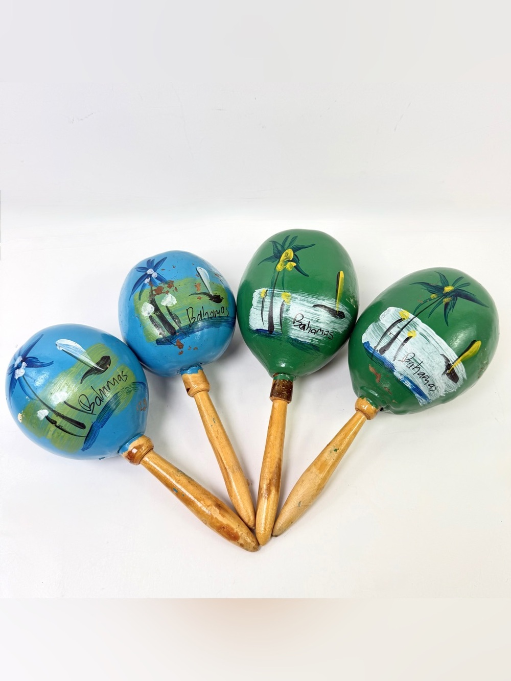 Lot of 4 Vintage Bahamas Hand Painted Gourd Maracas Shakers Wood Handles